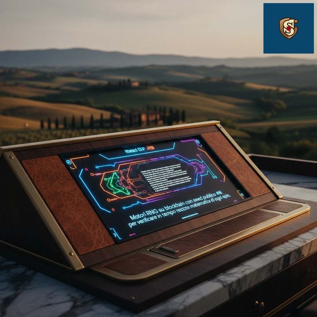 Interfaccia grafica di una slot machine digitale con verifica crittografica su schermo